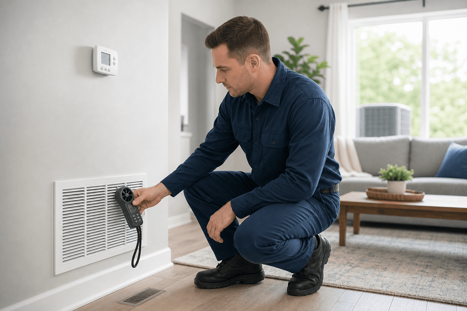 HVAC technician checking airflow in a living room