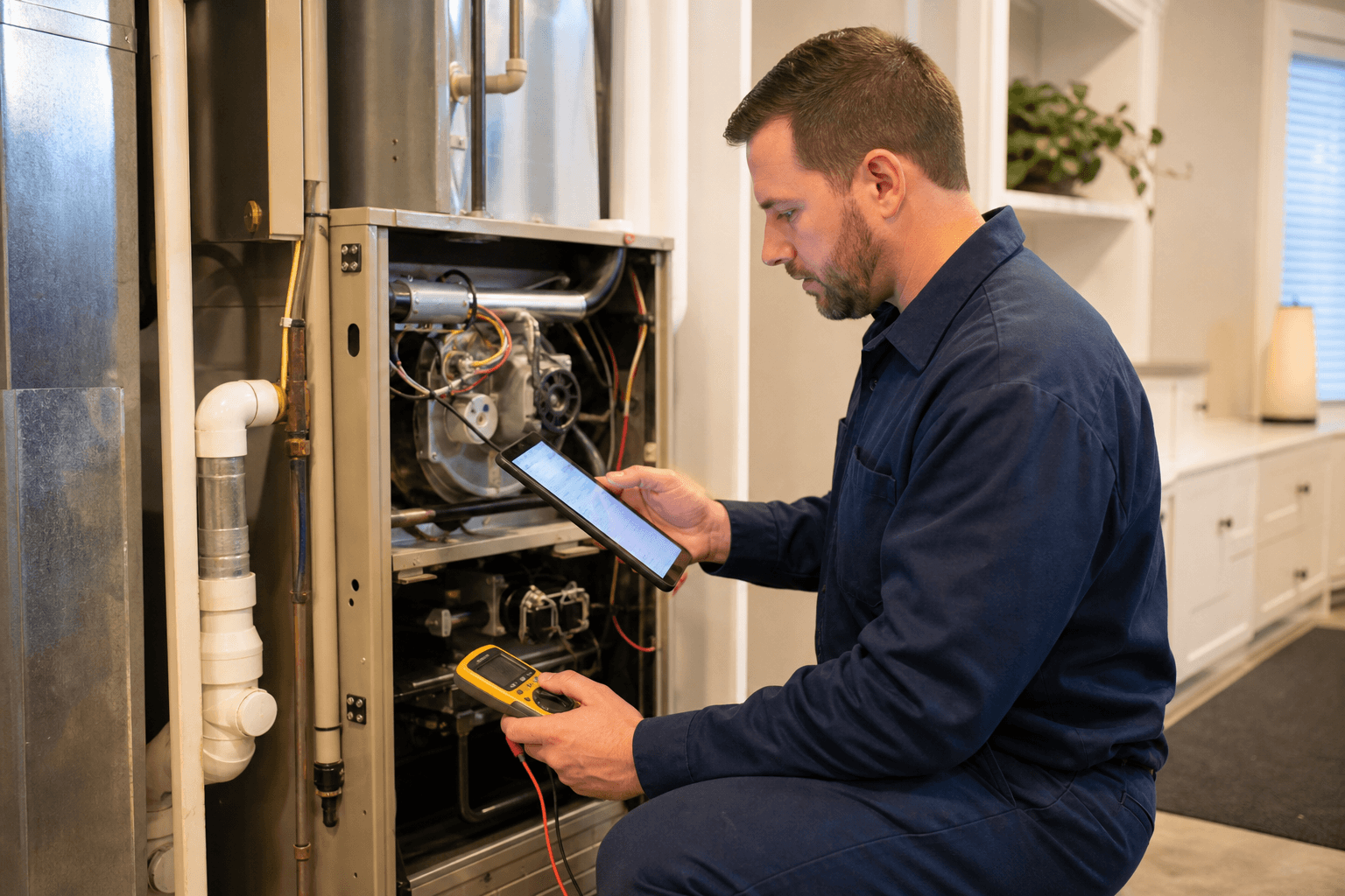 HVAC technician inspecting a furnace