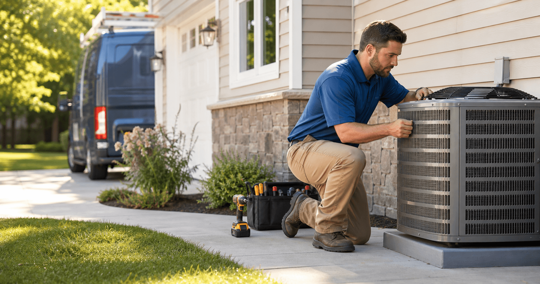 HVAC technician inspecting an outdoor air conditioning unit